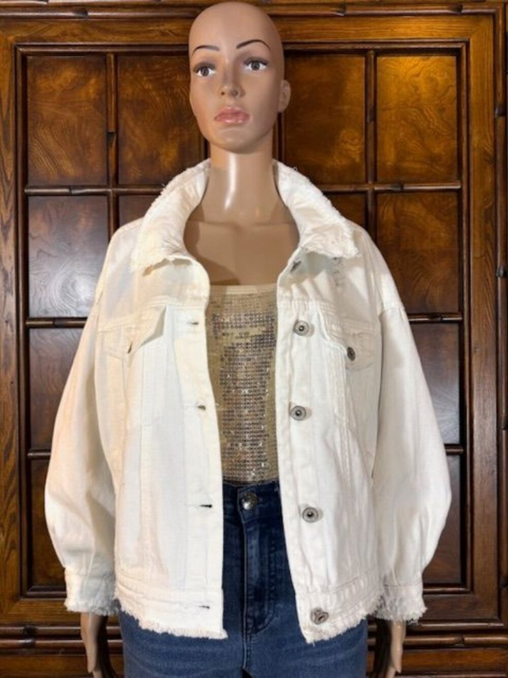 White Distressed Balloon Sleeve Cotton Blend Fringe Trim Denim Jacket